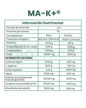 Maca + L-Arginina + Ácido aspático + Guaraná + Licopeno + Inulina de agave - MA-K+